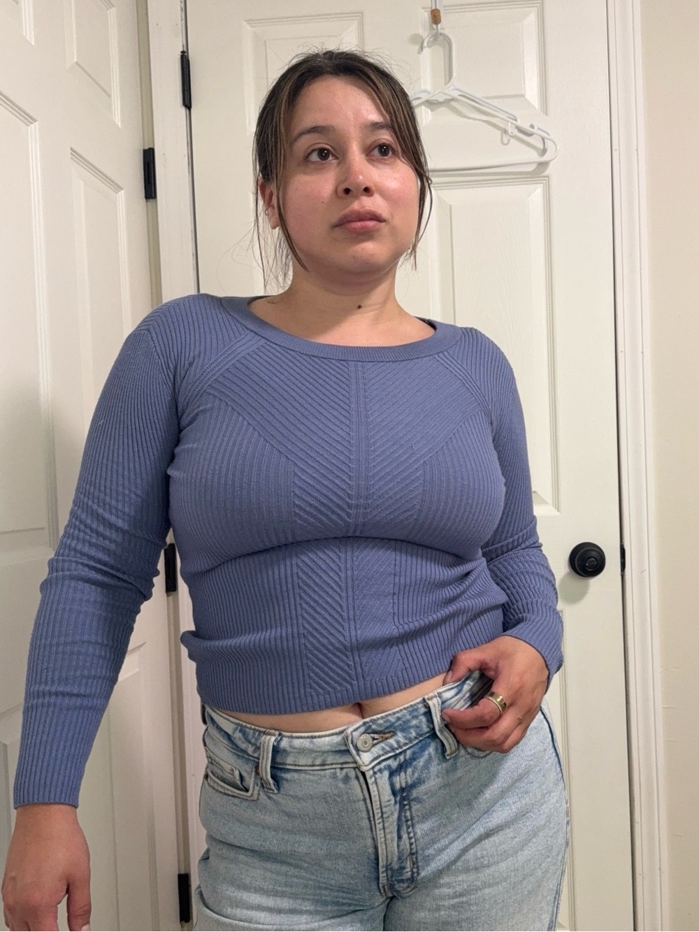Nine West Dusty Blue Ribbed Scoop-Neck Sweater